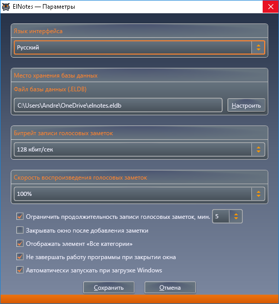 Окно параметров ElNotes